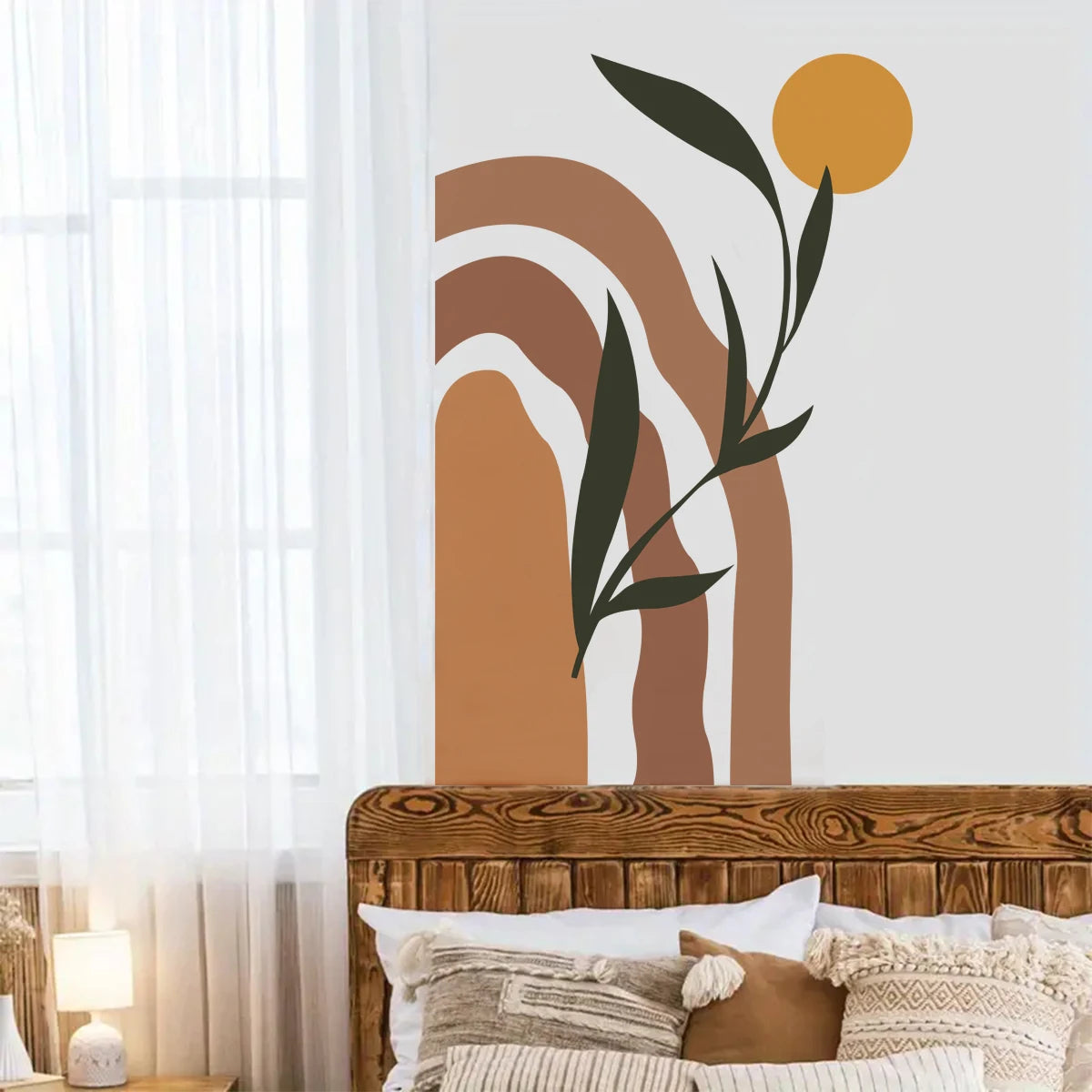 Boho Abstract Sun Arch Wall Mural – Simple Botanical Vinyl Wall Decal for Bedroom, Living Room, Creative DIY Home Decor