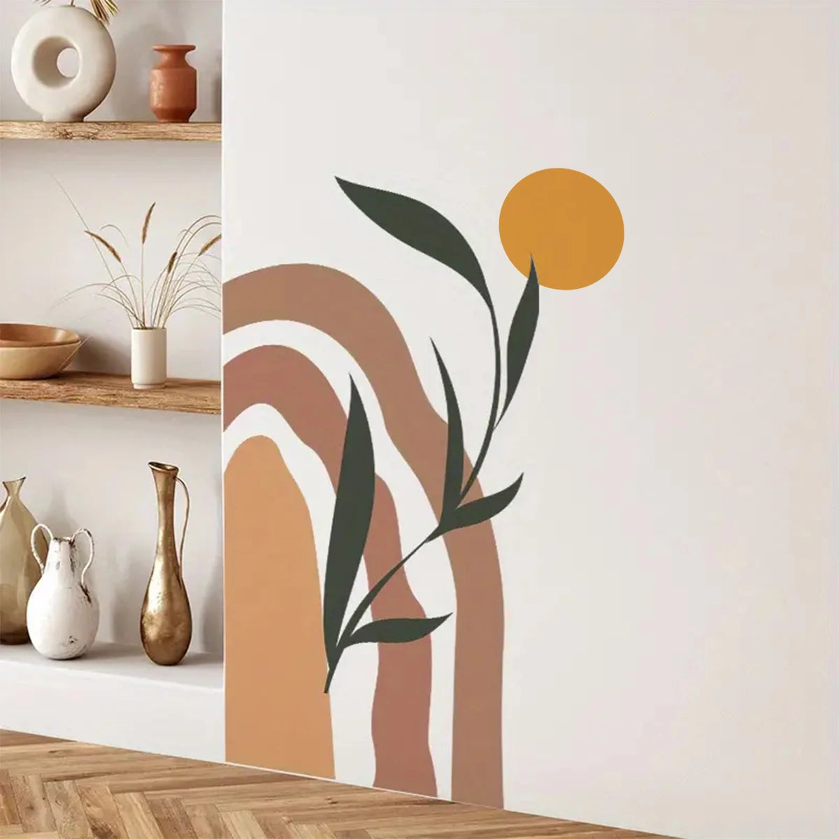 Boho Abstract Sun Arch Wall Mural – Simple Botanical Vinyl Wall Decal for Bedroom, Living Room, Creative DIY Home Decor