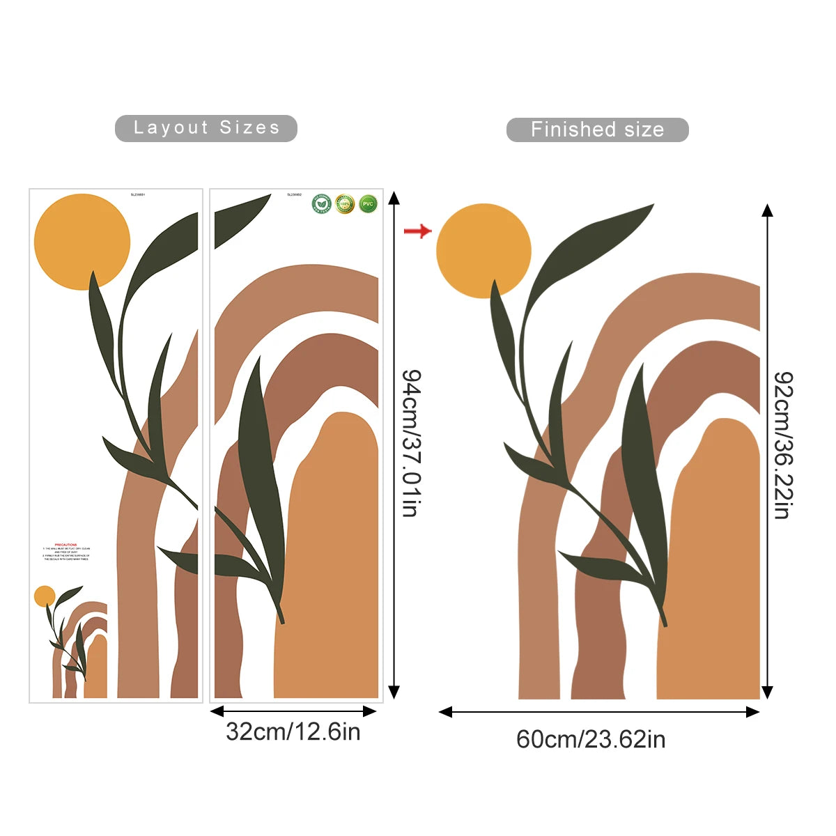 Boho Abstract Sun Arch Wall Mural – Simple Botanical Vinyl Wall Decal for Bedroom, Living Room, Creative DIY Home Decor