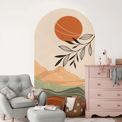 Room interior with a wall mural of a sunset and mountains, a gray armchair, and a pink dresser.