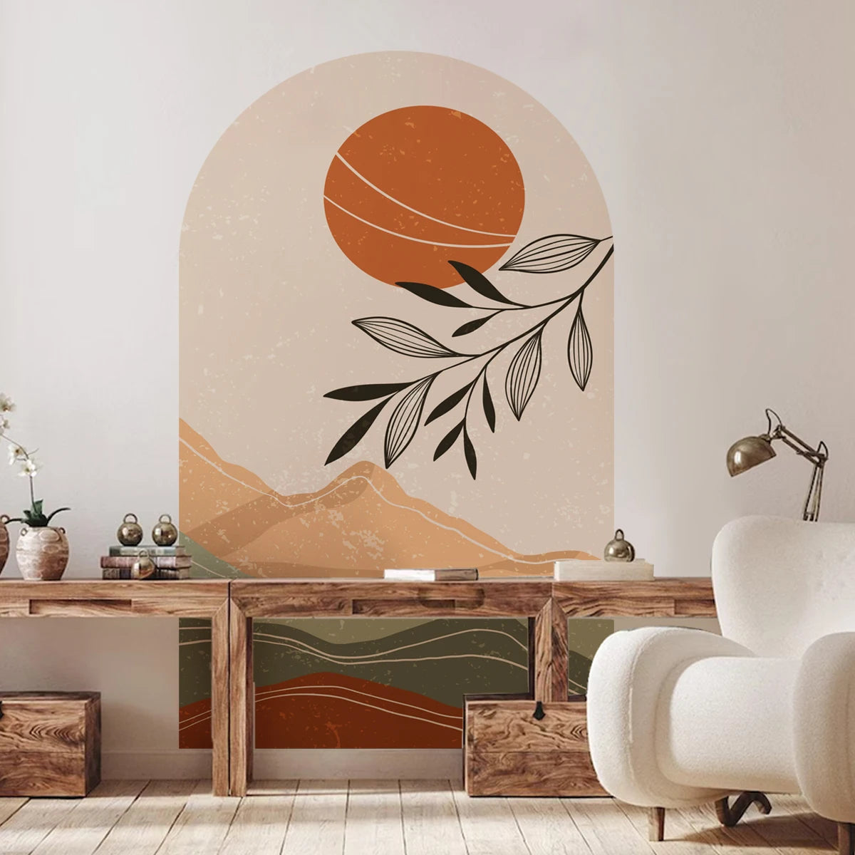 Boho Archway Landscape Wall Mural Decal - Mountain Silhouettes with Sunset Leaves Self-Adhesive Art for Bedroom & Living Spaces