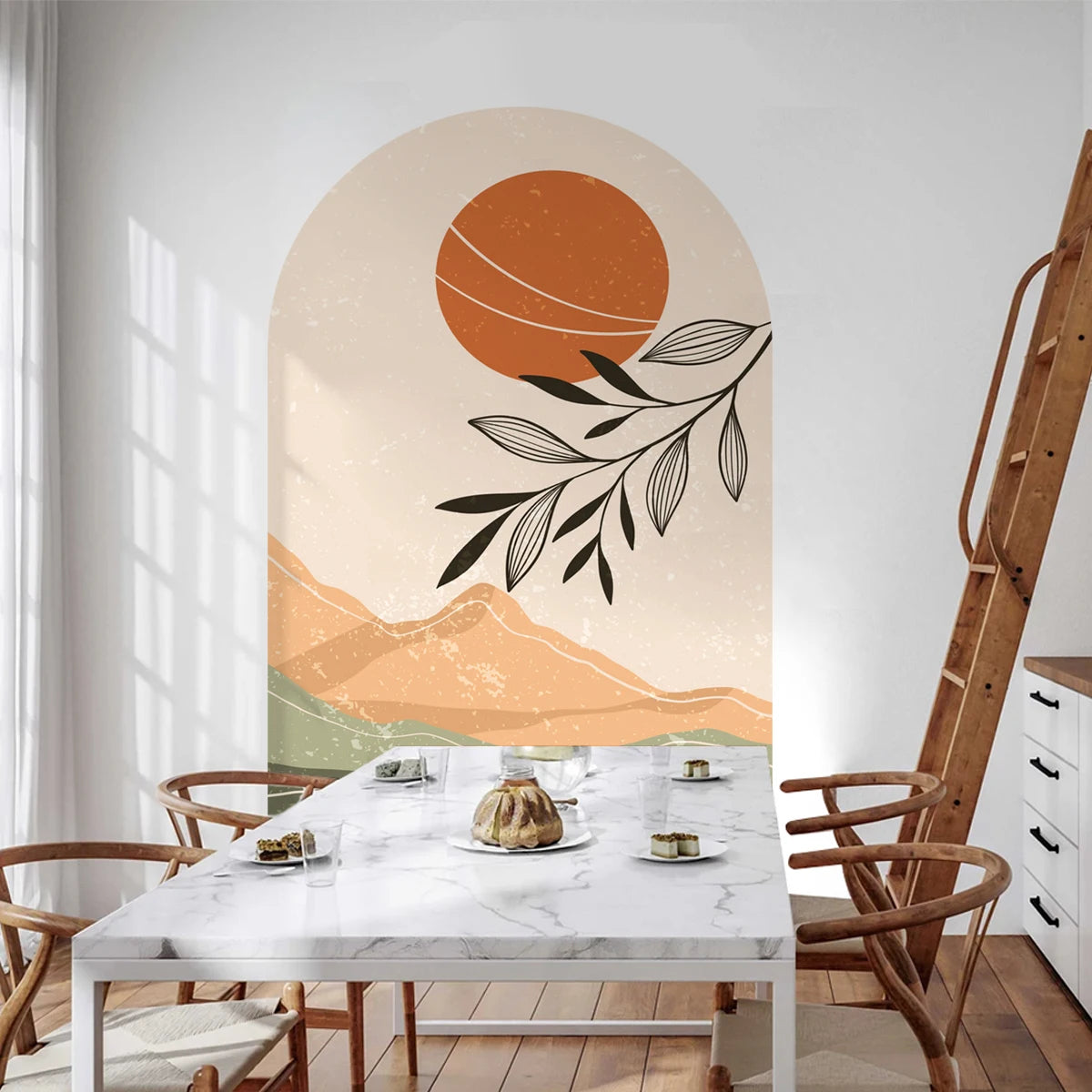 Boho Archway Landscape Wall Mural Decal - Mountain Silhouettes with Sunset Leaves Self-Adhesive Art for Bedroom & Living Spaces