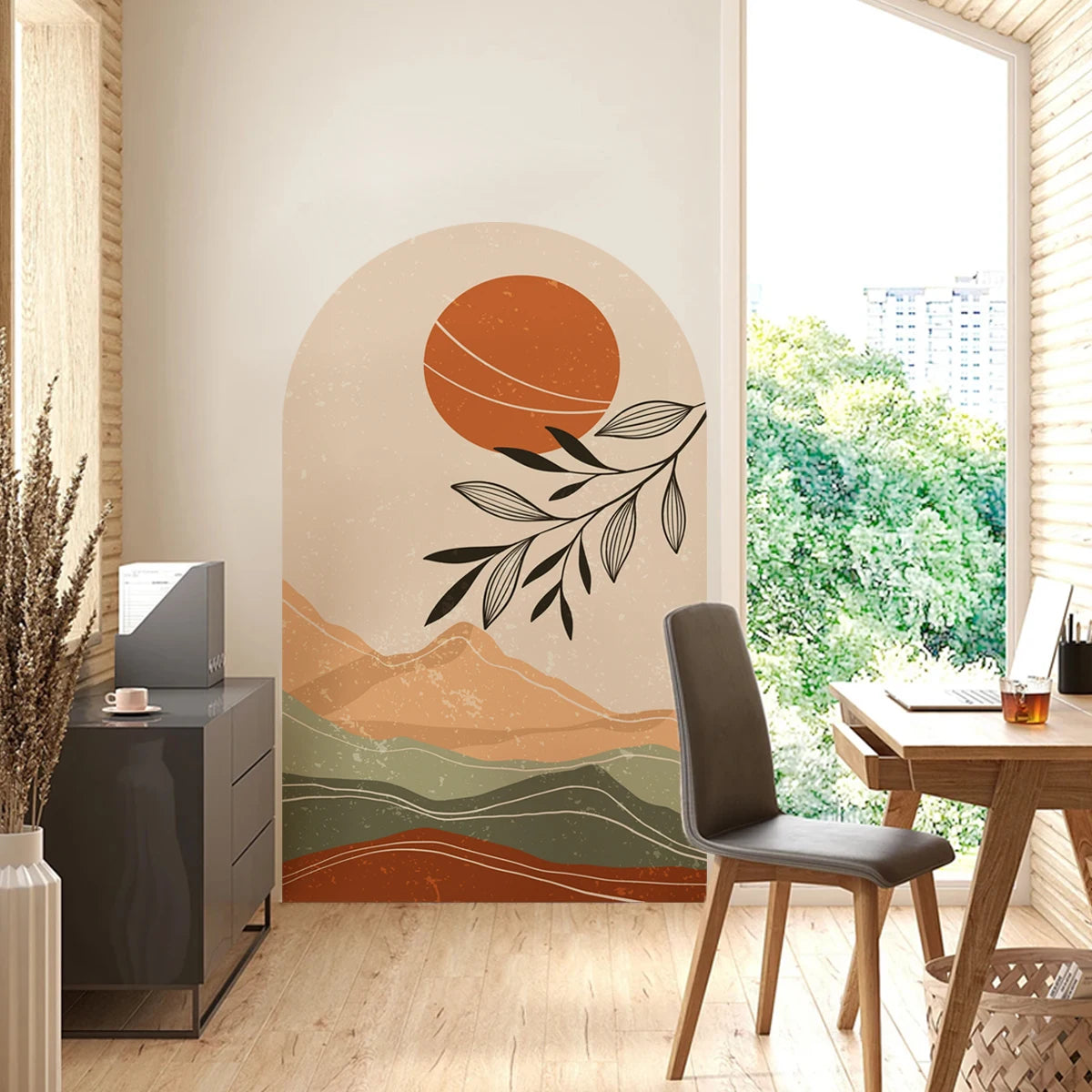 Boho Archway Landscape Wall Mural Decal - Mountain Silhouettes with Sunset Leaves Self-Adhesive Art for Bedroom & Living Spaces