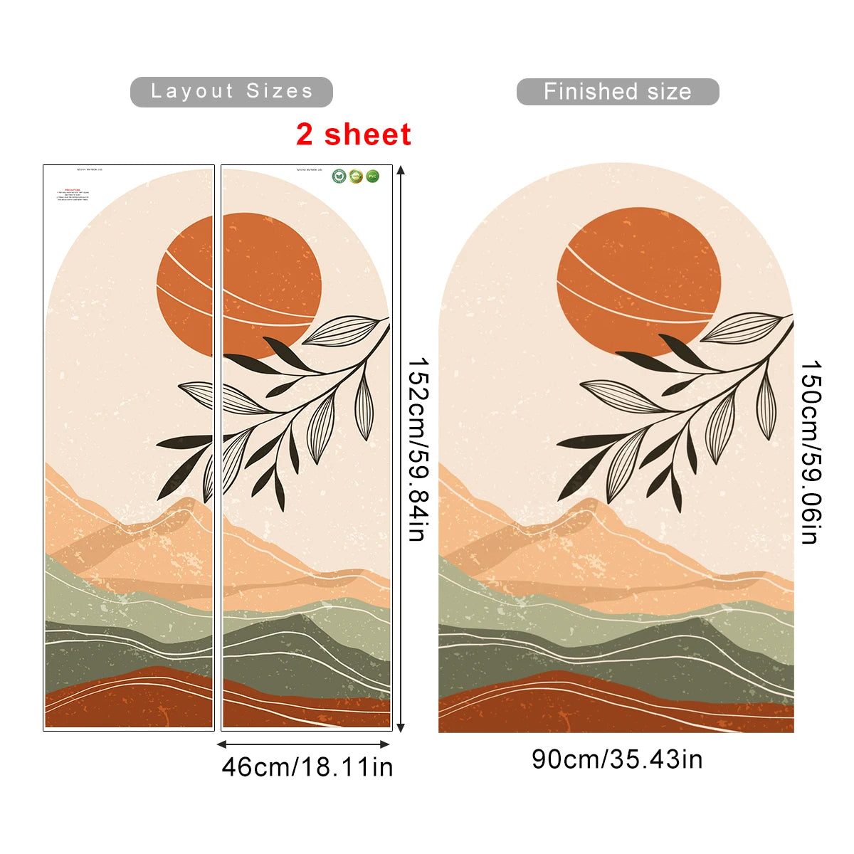 Two sheets with a landscape design featuring a sun, leaves, and mountains, with measurements indicated.