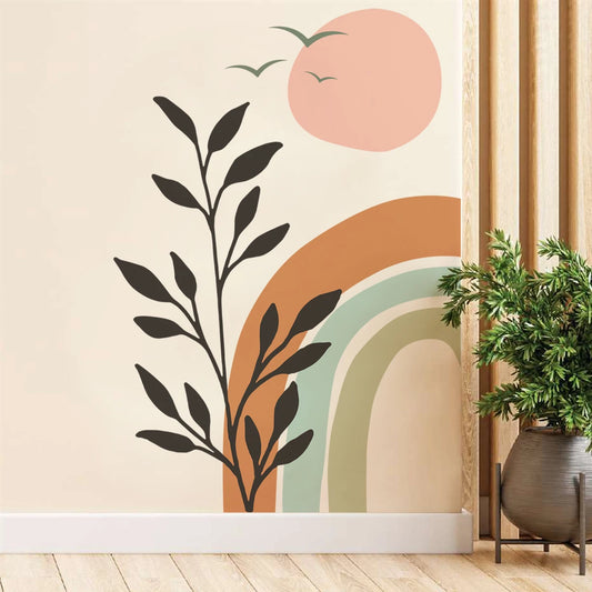 Boho Birds & Sunset Rainbow Wall Mural – Removable Peel & Stick Vinyl Wall Decal for Living Room, Bedroom, Colorful Creative DIY Home Decor