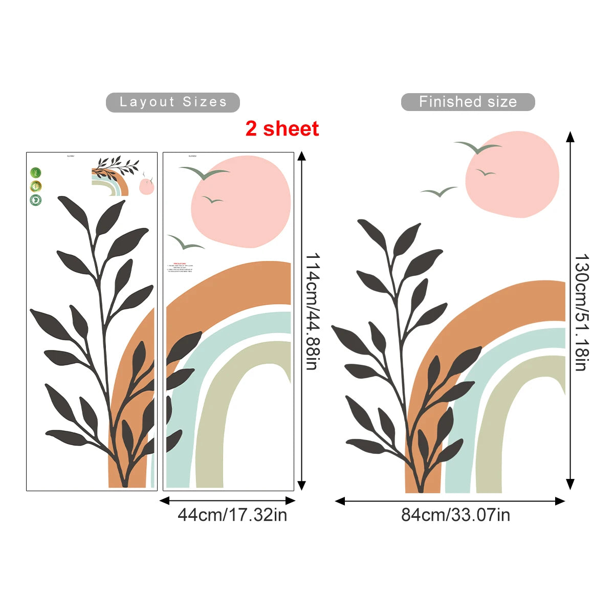 Boho Birds & Sunset Rainbow Wall Mural – Removable Peel & Stick Vinyl Wall Decal for Living Room, Bedroom, Colorful Creative DIY Home Decor