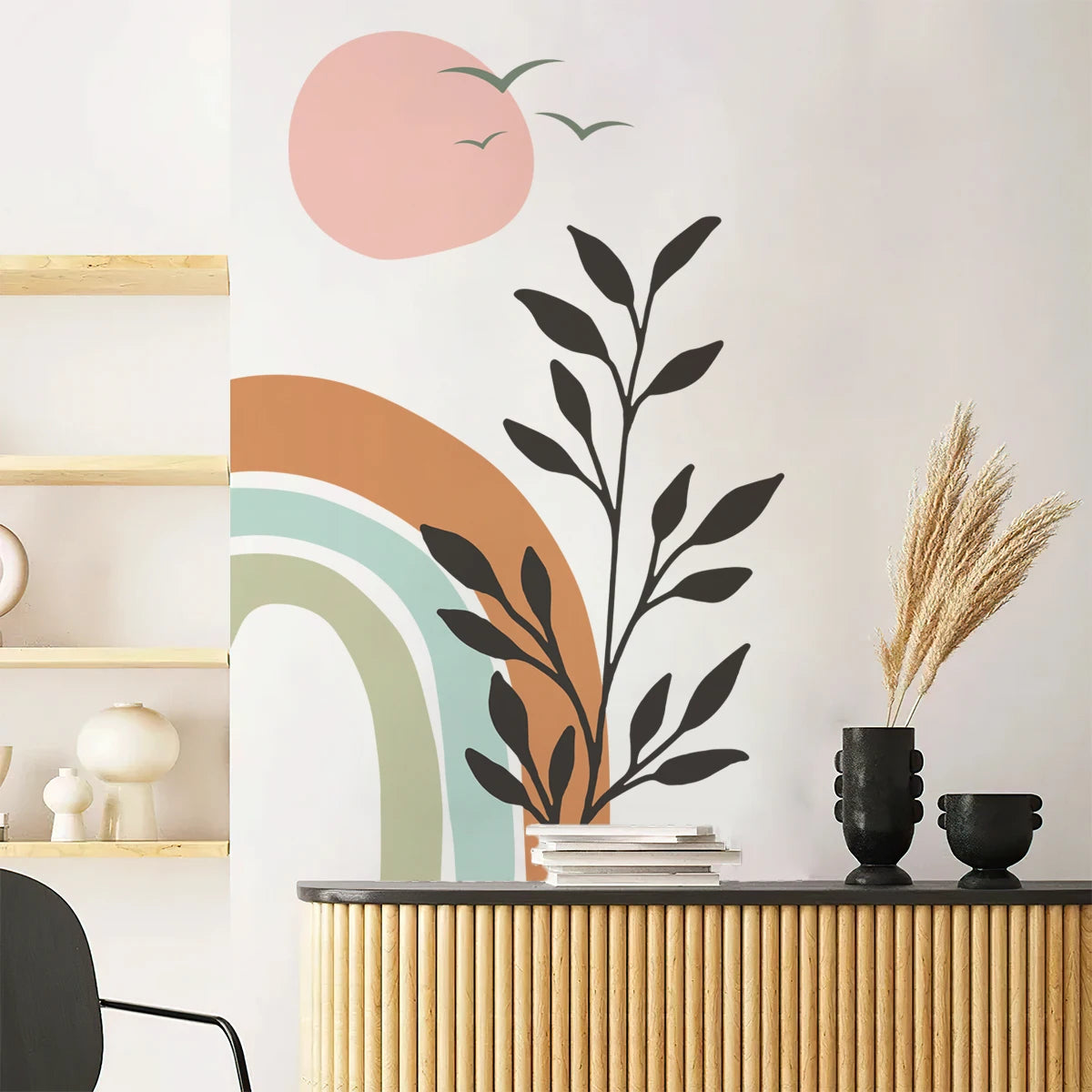 Boho Birds & Sunset Rainbow Wall Mural – Removable Peel & Stick Vinyl Wall Decal for Living Room, Bedroom, Colorful Creative DIY Home Decor