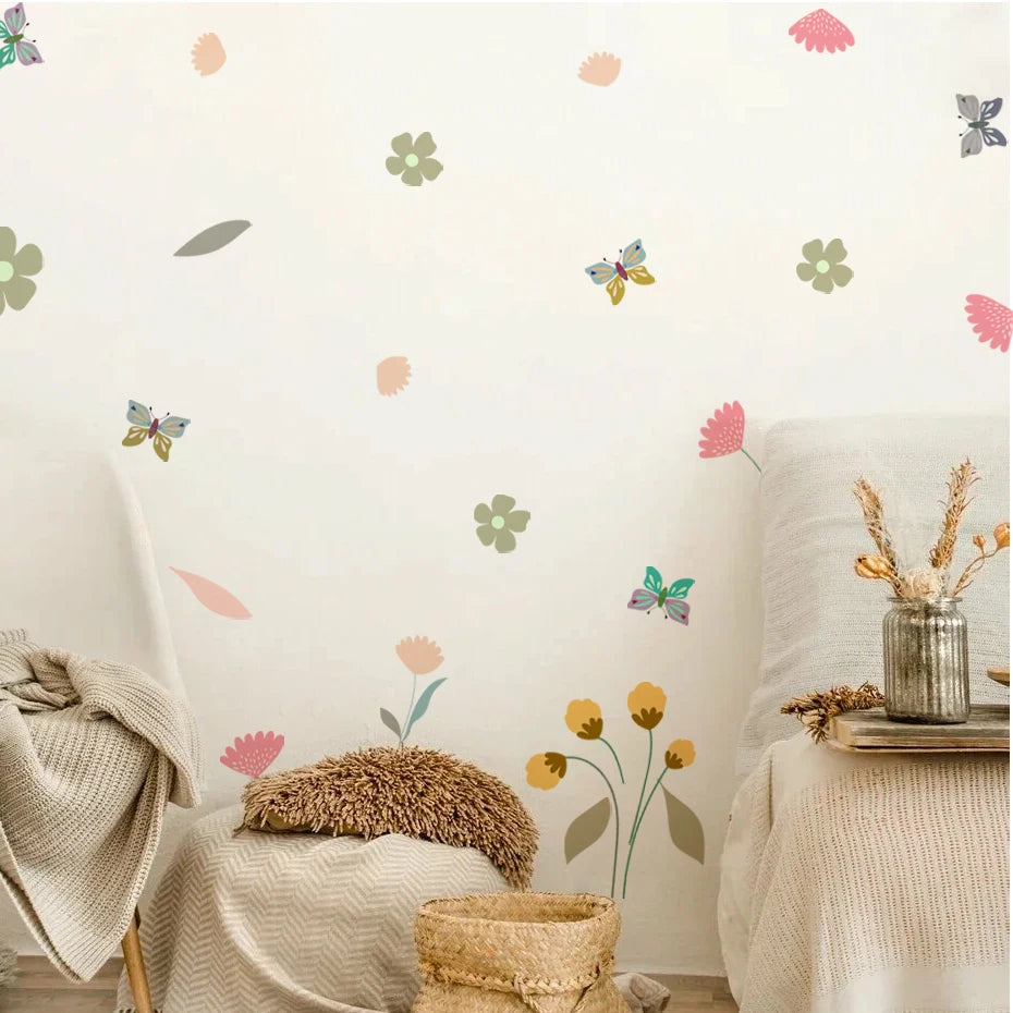 Wall with floral and butterfly decals in a cozy room setting.
