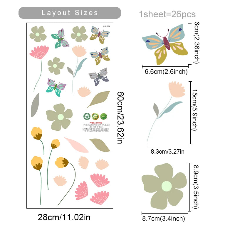 Boho Bloom & Butterfly Watercolor Wall Decals – Vivid Color Floral Vinyl Wall Stickers for Nursery & Living Spaces, Creative DIY Home Decor