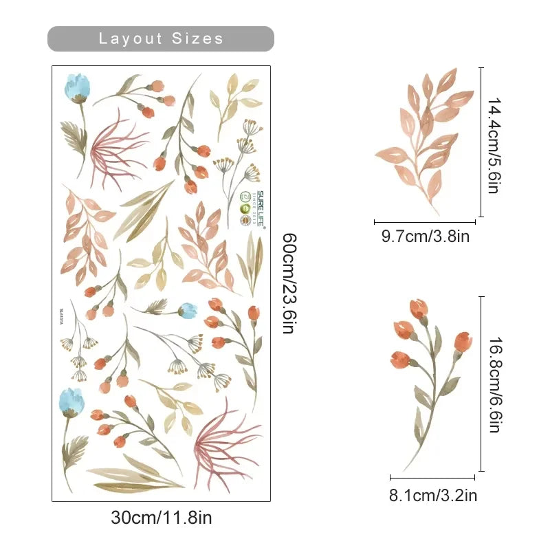 Floral decal sheet with dimensions on a white background
