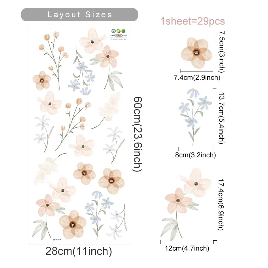 Floral wall sticker with layout sizes and dimensions on a white background