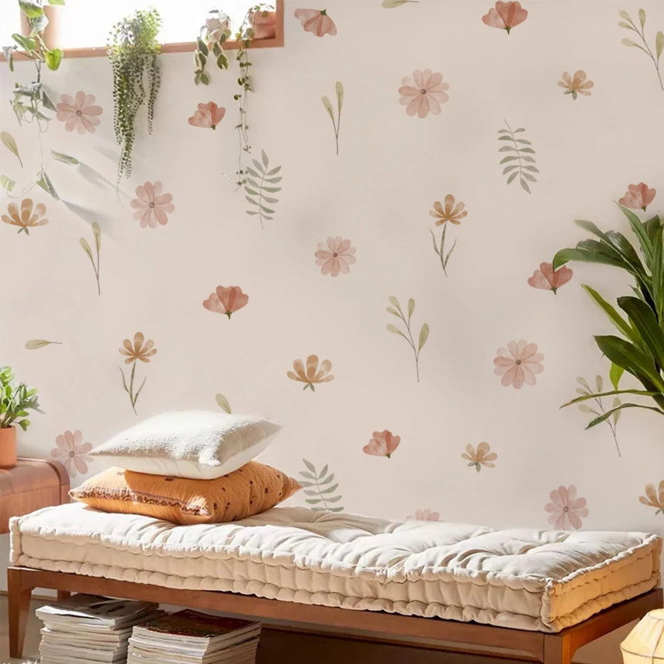 Room interior with floral wallpaper, wooden bench, and plants.