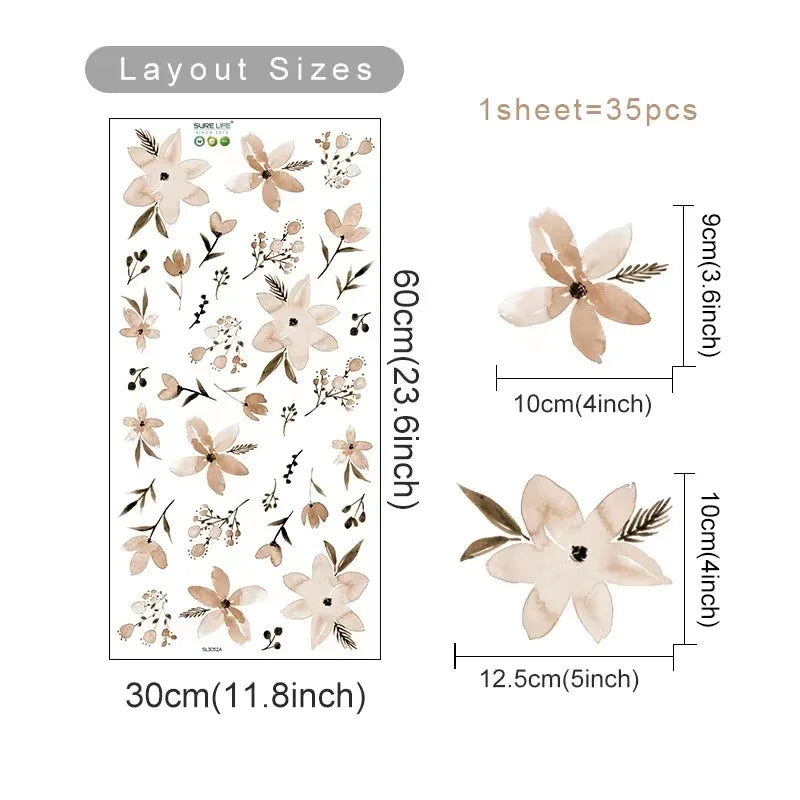 Floral sticker sheet with dimensions and layout sizes on a white background