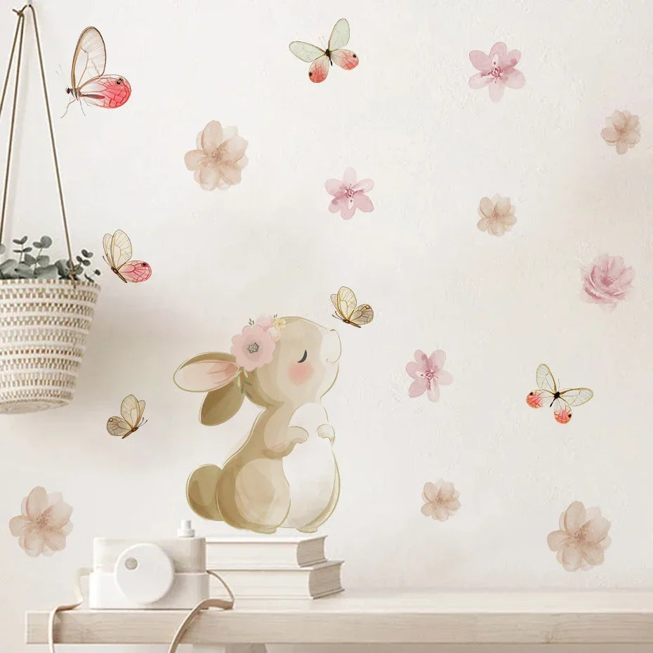 Wall decal of a bunny and butterflies on a light background