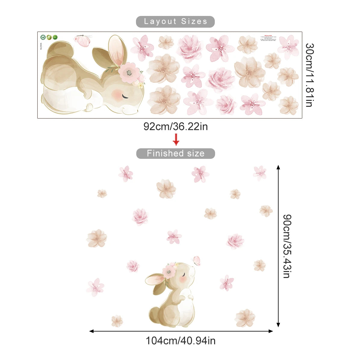 Wall stickers with cartoon rabbits and flowers, showing layout sizes on a white background.