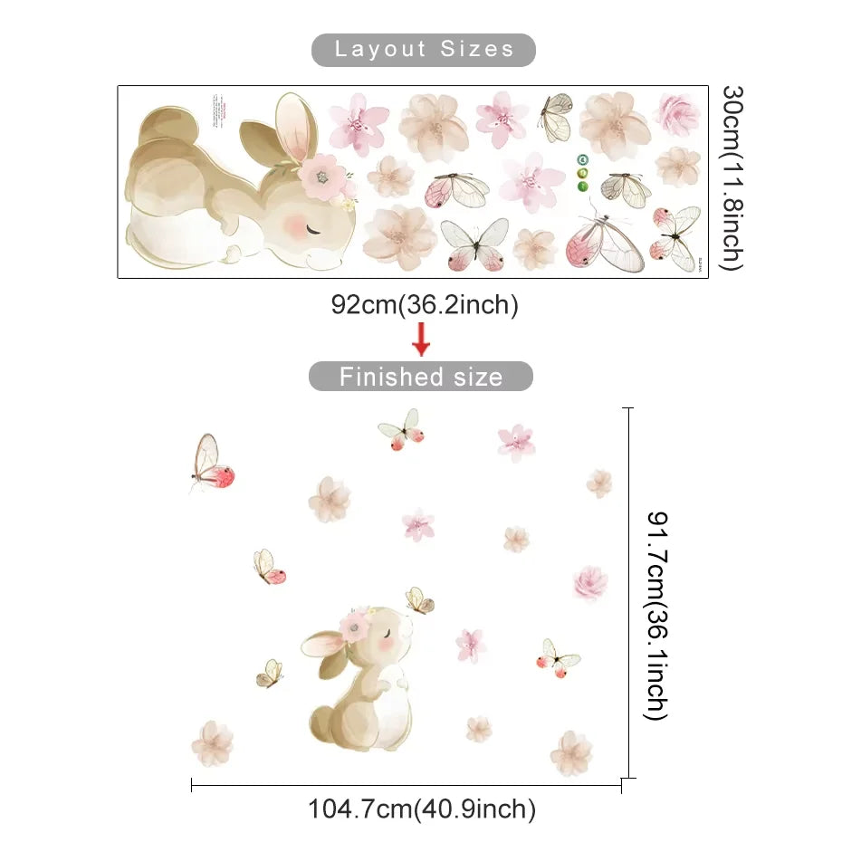 Wall decal set with rabbits, flowers, and butterflies with layout size dimensions on a white background.