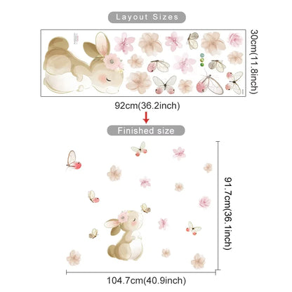 Wall decal set with rabbits, flowers, and butterflies with layout size dimensions on a white background.