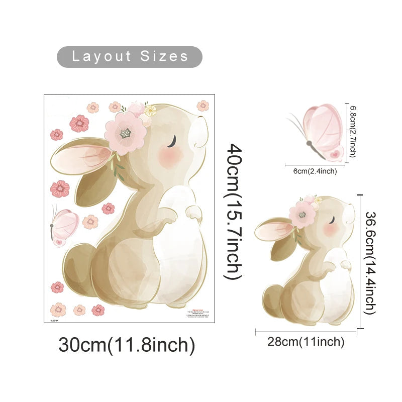 Illustration of a rabbit with floral decorations and measurements on a white background