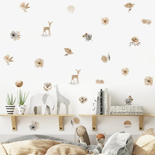 Children's room with shelves, toys, and decorative elements on a white wall with subtle patterns.