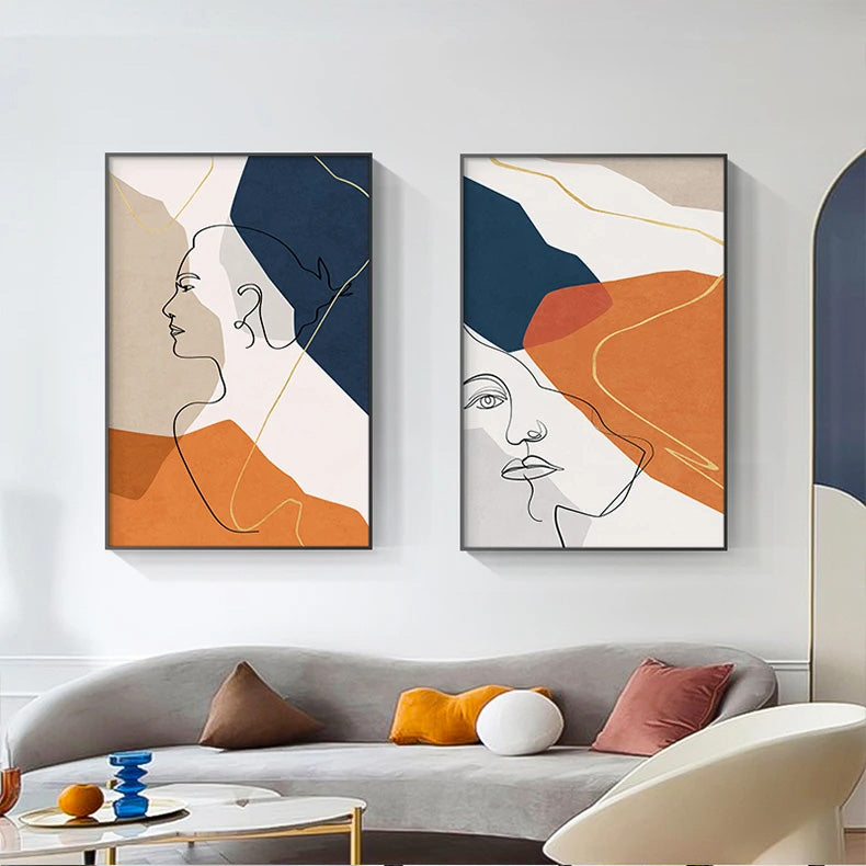 Bold Blue Orange Beige Abstract Line Art Face Art Fine Art Canvas Prints Colorful Pictures For Modern Apartment Living Room Hotel Room Salon Art Decor 2025