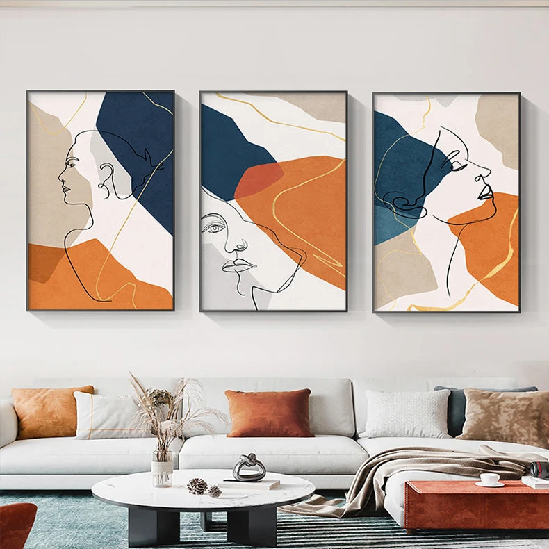 Bold Blue Orange Beige Abstract Line Art Face Art Fine Art Canvas Prints Colorful Pictures For Modern Apartment Living Room Hotel Room Salon Art Decor 2025