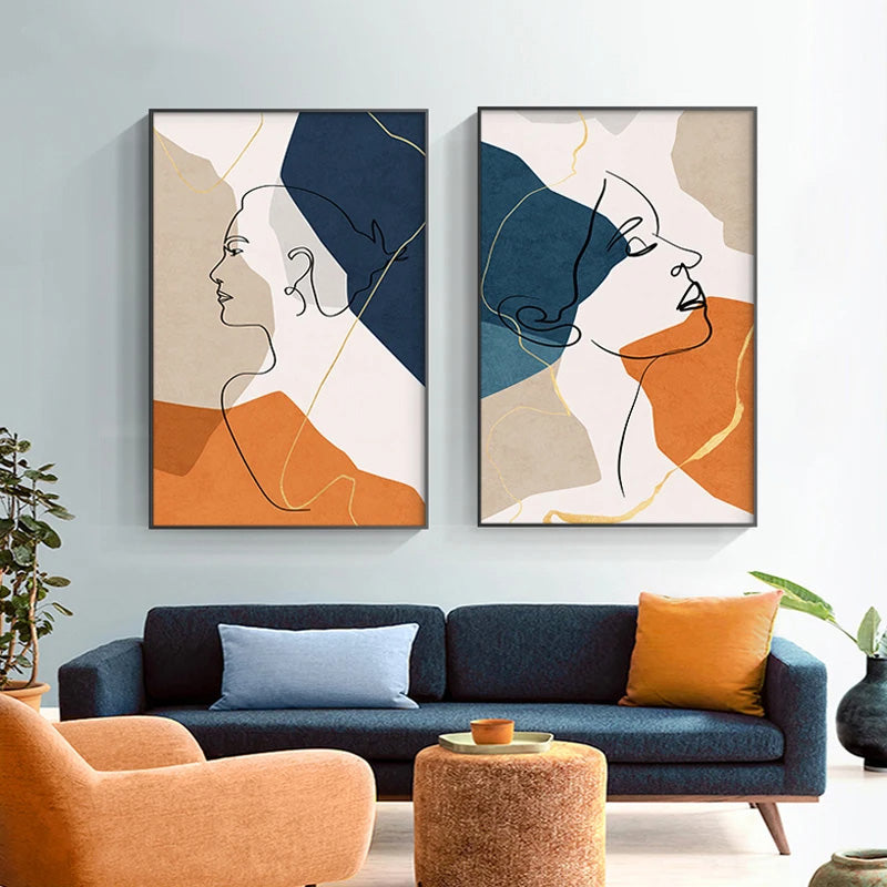 Bold Blue Orange Beige Abstract Line Art Face Art Fine Art Canvas Prints Colorful Pictures For Modern Apartment Living Room Hotel Room Salon Art Decor 2025