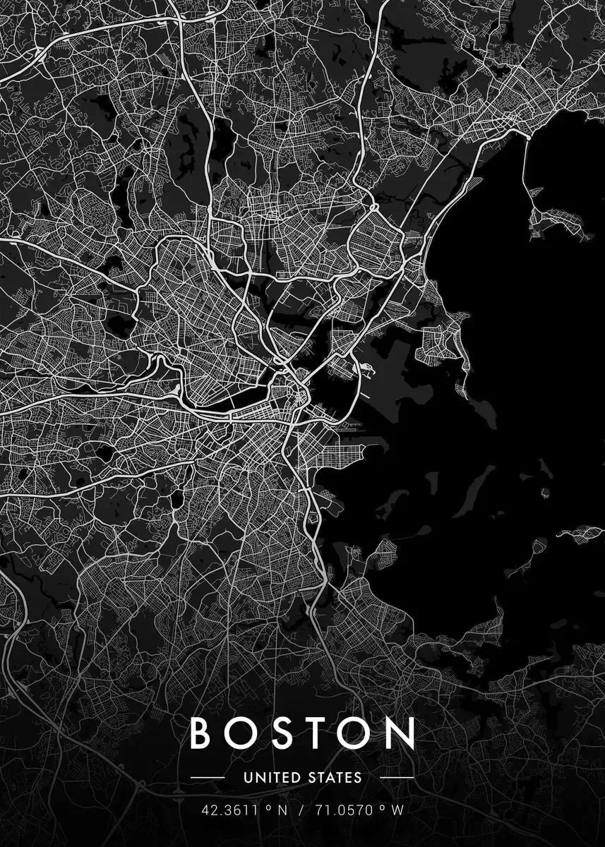 Black and white map of Boston with city layout