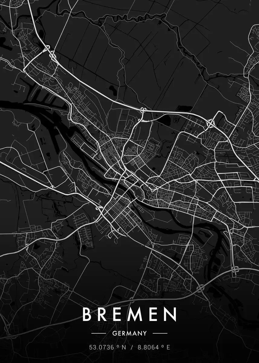 Map of Bremen, Germany with black background and white lines
