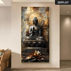 Decorative wall art of a Buddha statue with lotus flower in a modern interior setting.