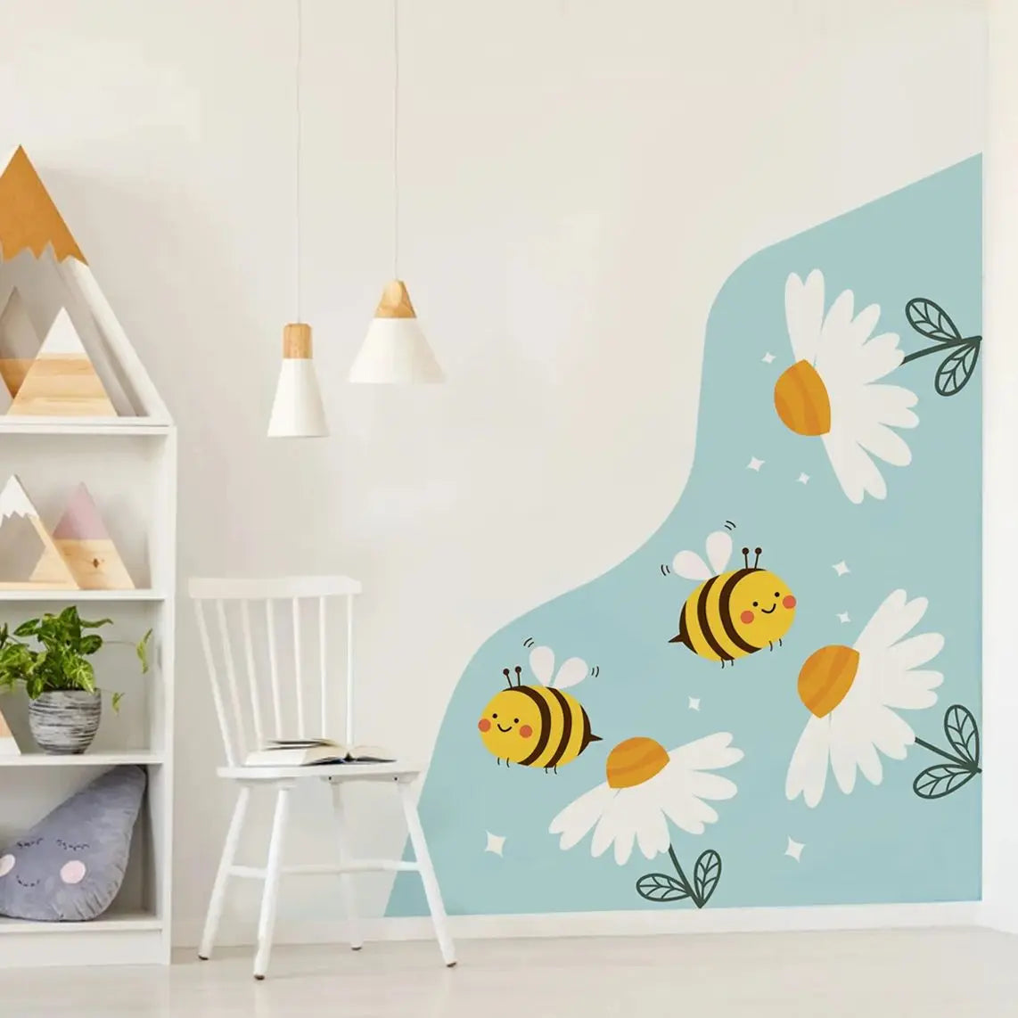 Busy Bees & Blooms Wall Mural – Cartoon Garden Corner for Kids’ Bedroom, Nursery or Classroom Easy Peel & Stick Wall Decal Decor
