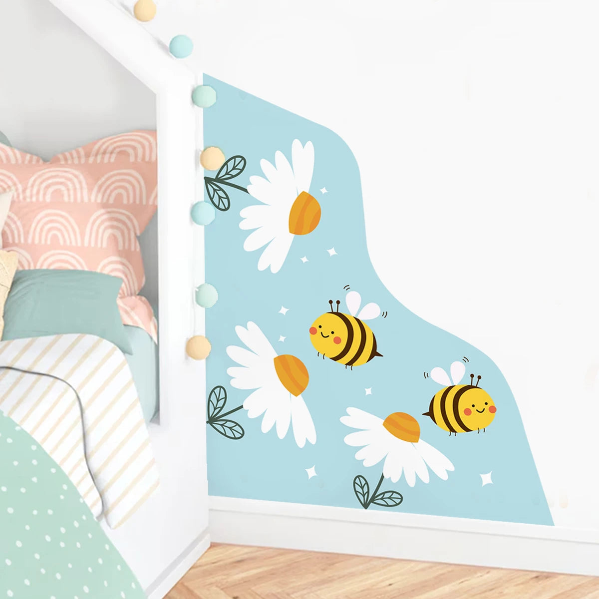 Busy Bees & Blooms Wall Mural – Cartoon Garden Corner for Kids’ Bedroom, Nursery or Classroom Easy Peel & Stick Wall Decal Decor