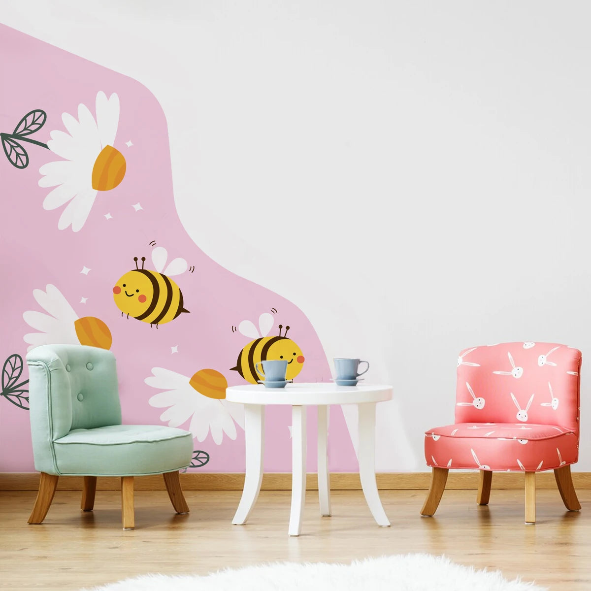 Busy Bees & Blooms Wall Mural – Cartoon Garden Corner for Kids’ Bedroom, Nursery or Classroom Easy Peel & Stick Wall Decal Decor