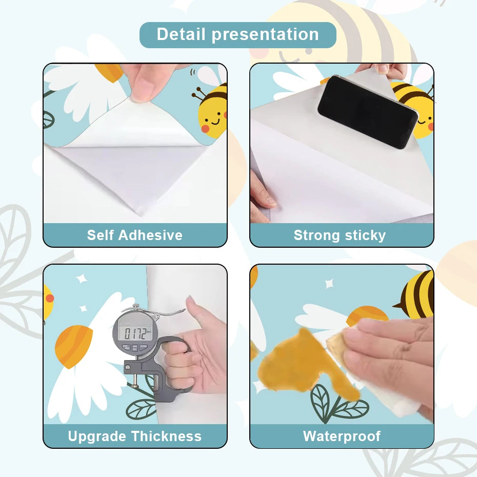 Product features with self-adhesive, strong sticky, upgrade thickness, and waterproof properties on a light blue background.
