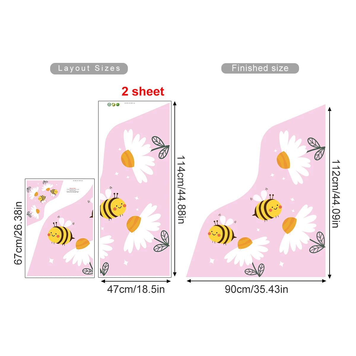 Measurement chart for a pink design with bees and flowers on a white background