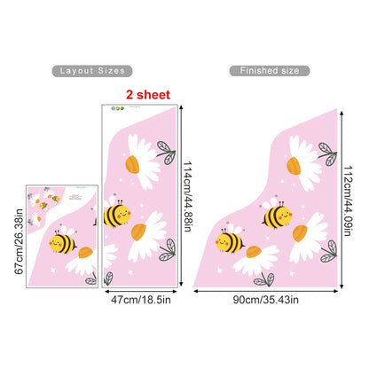 Measurement chart for a pink design with bees and flowers on a white background