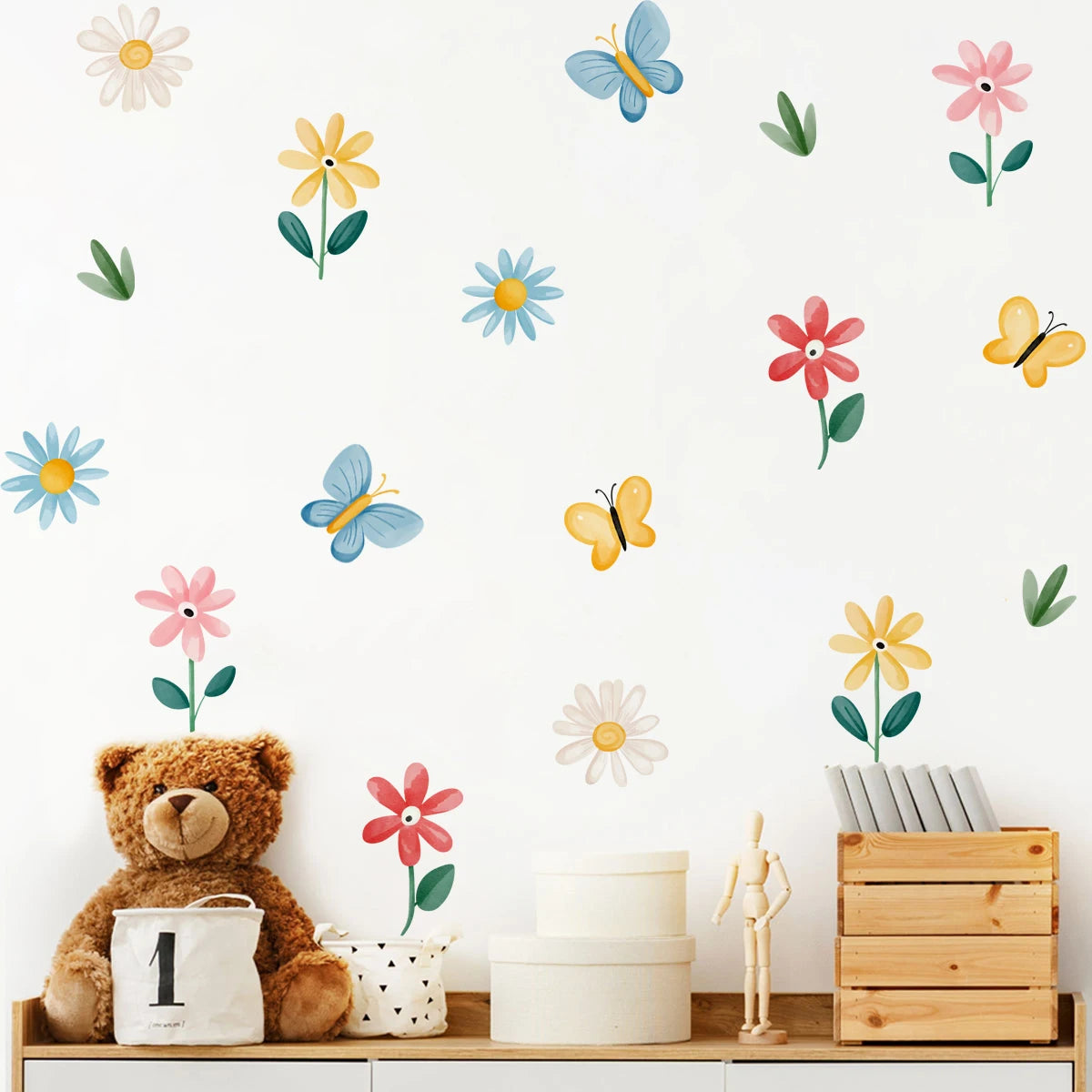 Butterfly Garden Wall Decal – Colorful Watercolor Flowers Wall Stickers for Children's Nursery, Kids’ Room or Living Room Decor