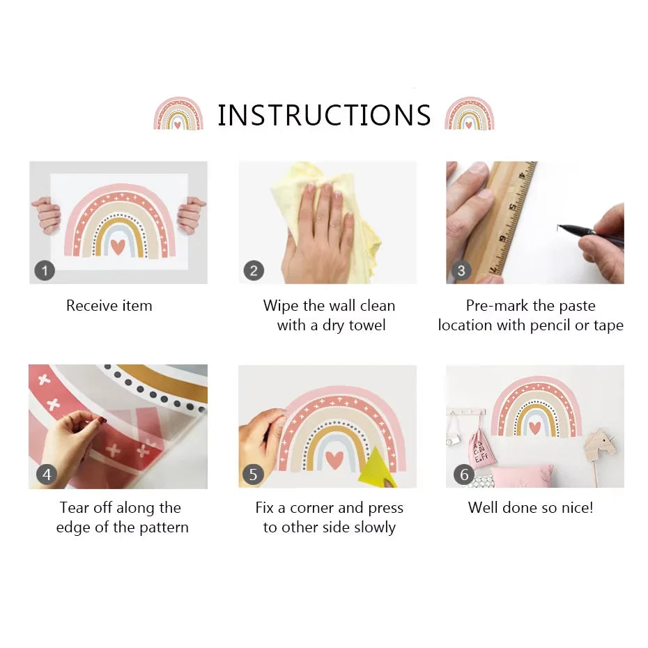 Step-by-step instructions for applying a decorative rainbow pattern with images of hands performing each step.
