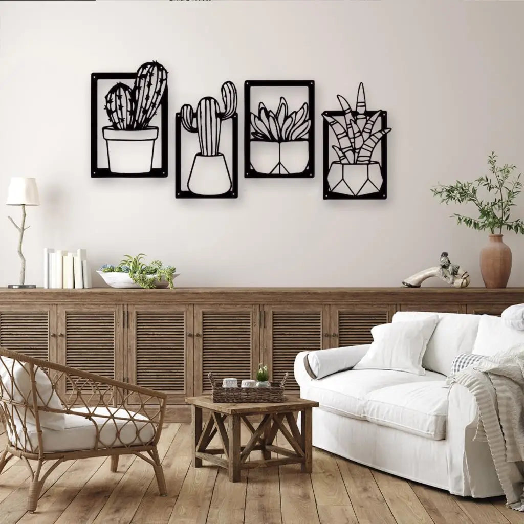 Cactus Potted Plant Black Metal Plaque Wall Art 3D Sculptured Iron Craft Nordic Wall Decor For Living Room Dining Room Creative Home Decor