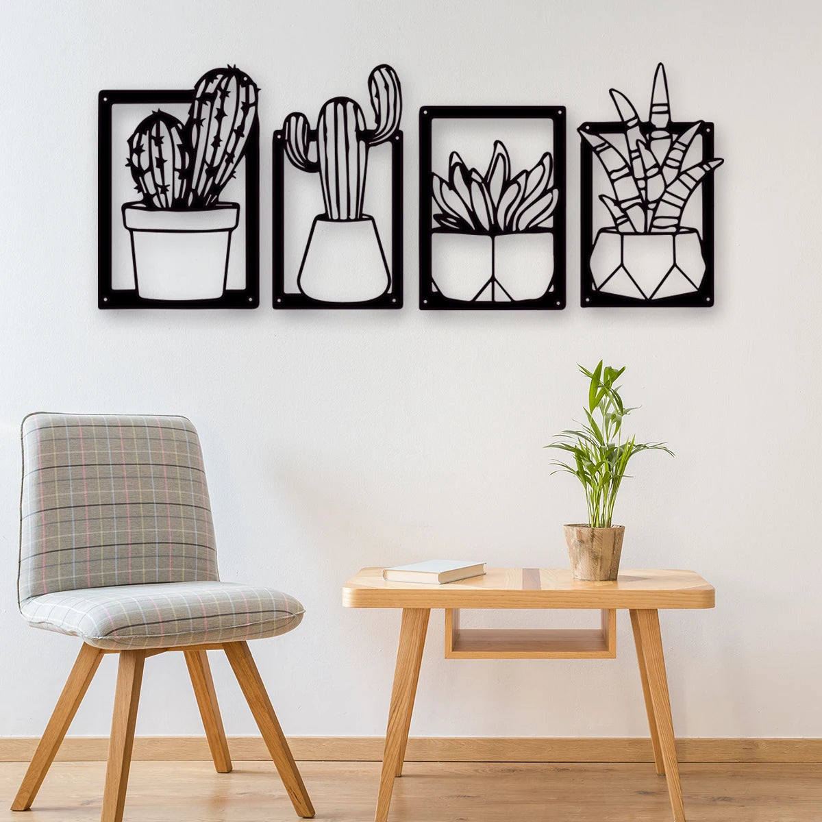 Cactus Potted Plant Black Metal Plaque Wall Art 3D Sculptured Iron Craft Nordic Wall Decor For Living Room Dining Room Creative Home Decor