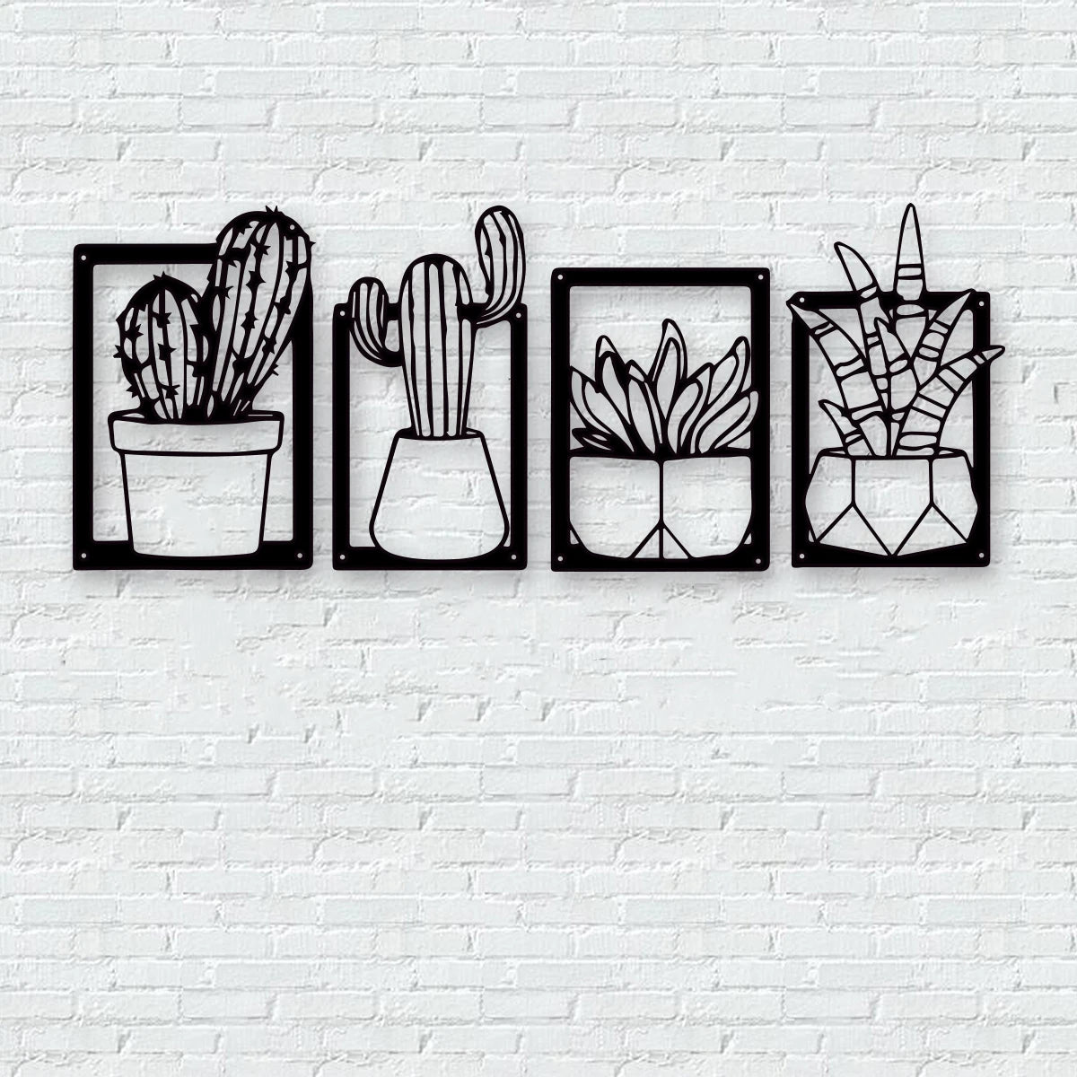 Cactus Potted Plant Black Metal Plaque Wall Art 3D Sculptured Iron Craft Nordic Wall Decor For Living Room Dining Room Creative Home Decor