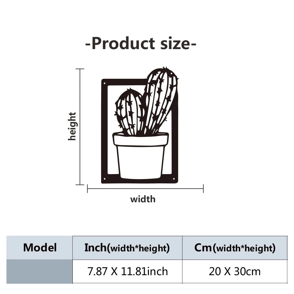 Cactus Potted Plant Black Metal Plaque Wall Art 3D Sculptured Iron Craft Nordic Wall Decor For Living Room Dining Room Creative Home Decor