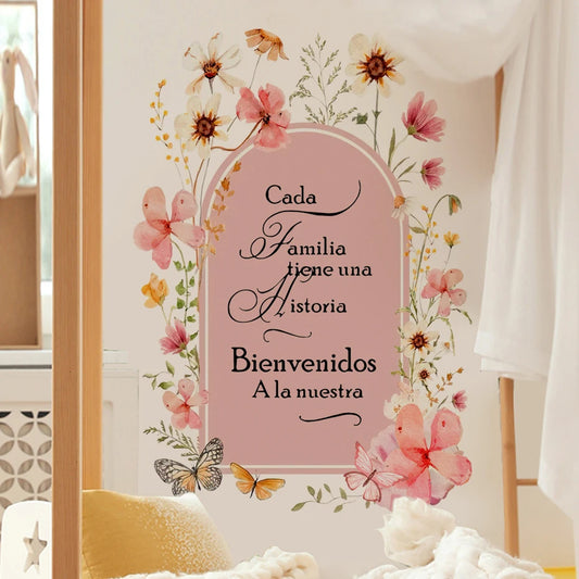 Cada Familia Tiene Una Historia Spanish Home Welcome Quote Wall Decal – Pink Floral Arch Wall Mural For Living Room Kitchen Family Room Decor