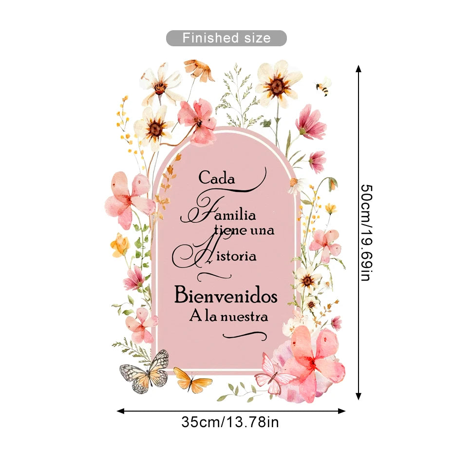 Cada Familia Tiene Una Historia Spanish Home Welcome Quote Wall Decal – Pink Floral Arch Wall Mural For Living Room Kitchen Family Room Decor