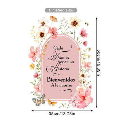 Cada Familia Tiene Una Historia Spanish Home Welcome Quote Wall Decal – Pink Floral Arch Wall Mural For Living Room Kitchen Family Room Decor
