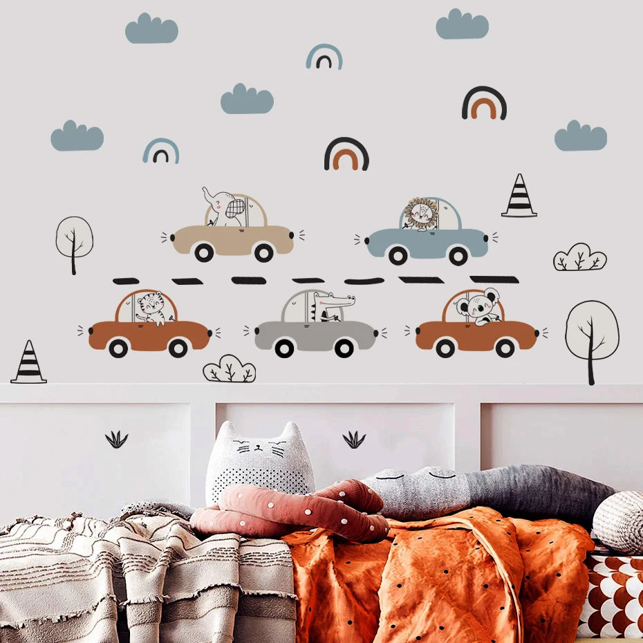 Cartoon Animals & Cars Wall Decals – Cute Soft Pastel Vinyl Wall Sticker for Boys’ Room, Nursery & Playroom Decor