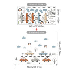 Wall decal layout with cartoon animals and vehicles, showing dimensions on a white background.