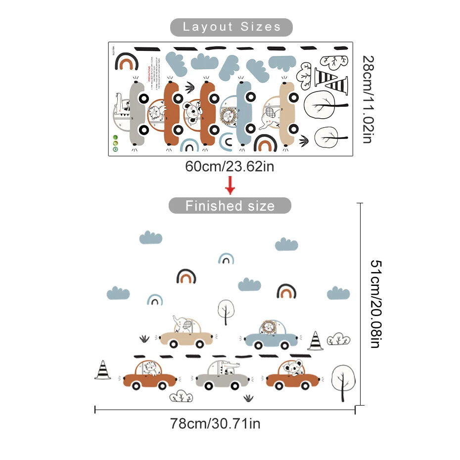 Wall decal layout with cartoon animals and vehicles, showing dimensions on a white background.