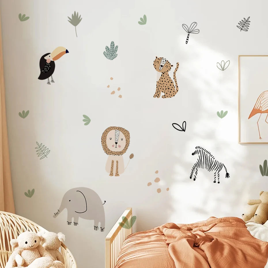 Children's room with wall stickers of animals and plants