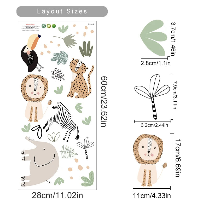 Wall stickers with animal illustrations and dimensions on a white background