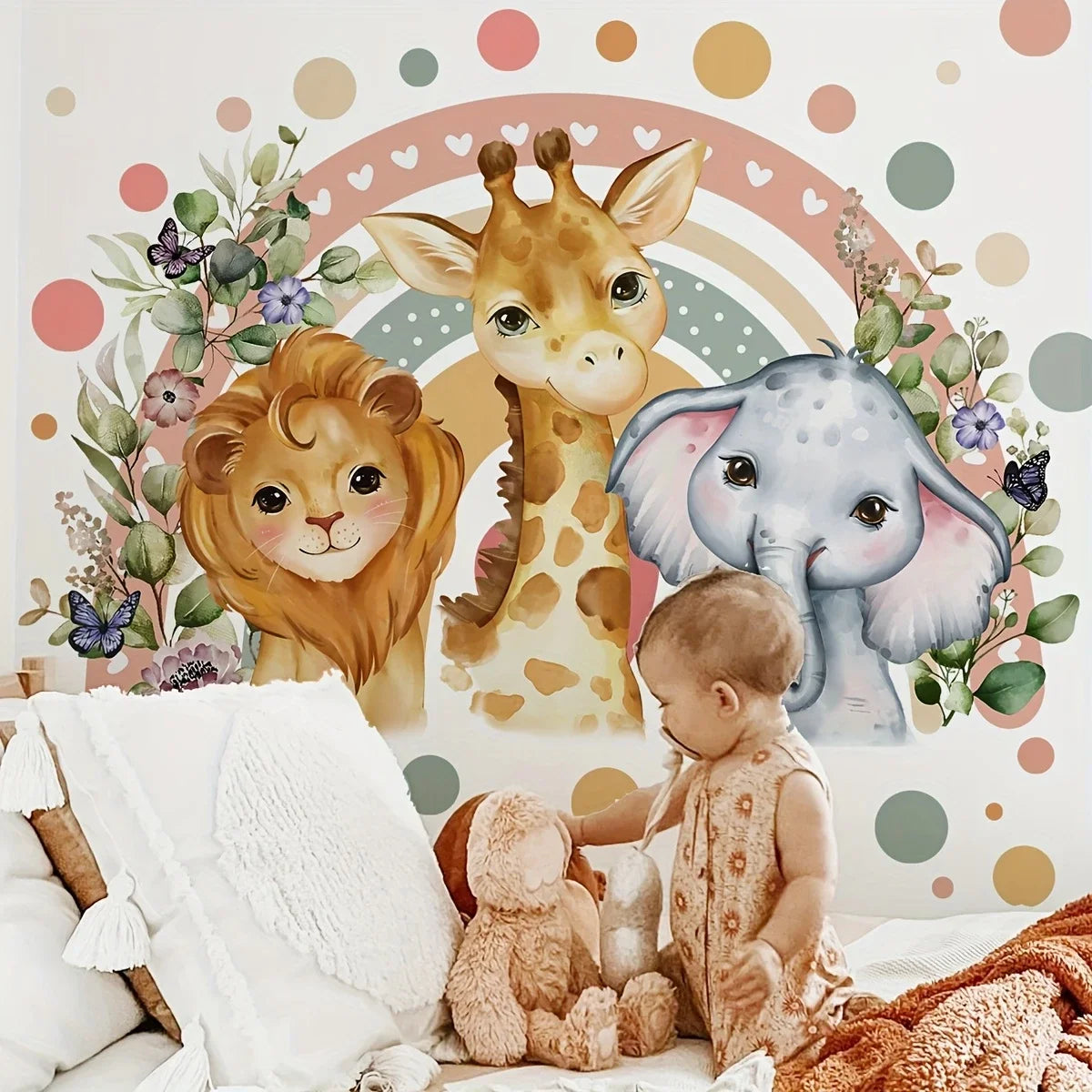 Cartoon Rainbow Giraffe Lion & Friends – Safari Watercolor Vinyl Wall Decals for Nursery & Kids’ Rooms, Creative DIY Home Decor